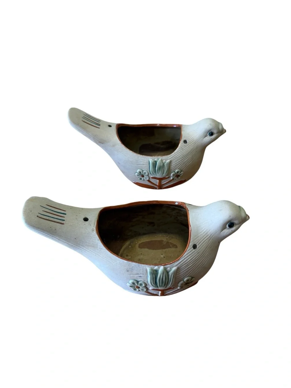 2 VTG 1970’s dove bird clay pottery hanging planter Tulip flower boho folk art